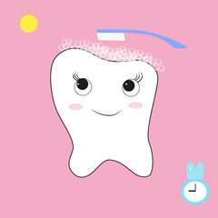 tooth cleaning on pink background, sun and alarm clock