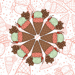 Two Scoops Line Art Ice Cream Illustration as Seamless Surface Pattern Design