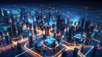 Smart city and abstract polygon pattern connection with speed line light, big data connection technology concept .