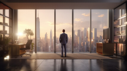 Fototapeta na wymiar Back view of businessman in suit standing at office looking at night city through panoramic window.