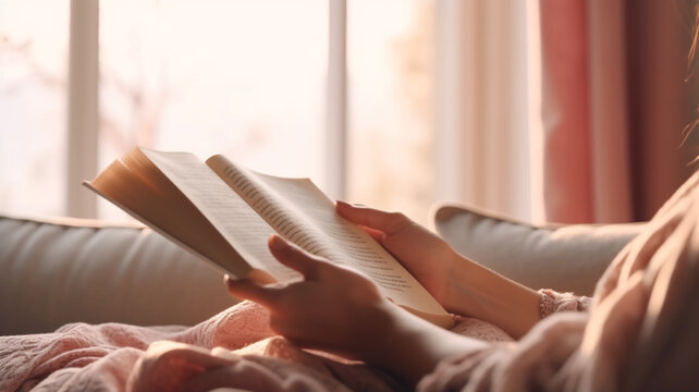 close up hand of woman open a book on sofa in morning near window, Generative Ai
