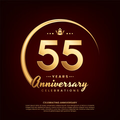 55 year anniversary template design with golden number and ring for birthday celebration event, invitation, banner poster, flyer, and greeting card, vector template