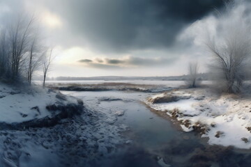 Small lake in a winter landscape created with Generative AI