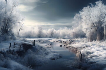 Obraz na płótnie Canvas Small Stream in a winter landscape created with Generative AI
