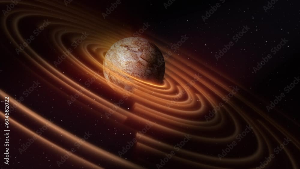 Poster abstract yellow brown space planet with a round asteroid belt ring futuristic hi-tech on the backgro