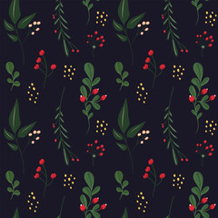 hand drawn christmas element and leaves, foliage pattern. 