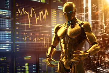 Fototapeta na wymiar Gold Humanoid robots with a growing virtual hologram of statistics background, Uses AI to assess investment risks. Generative AI