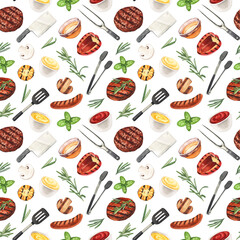 Watercolor seamless pattern barbecue. Elements for cooking bbq - grill, chicken and meat. Hand-drawn illustration isolated on white background. Perfect concept food menu, food drawing, design packing