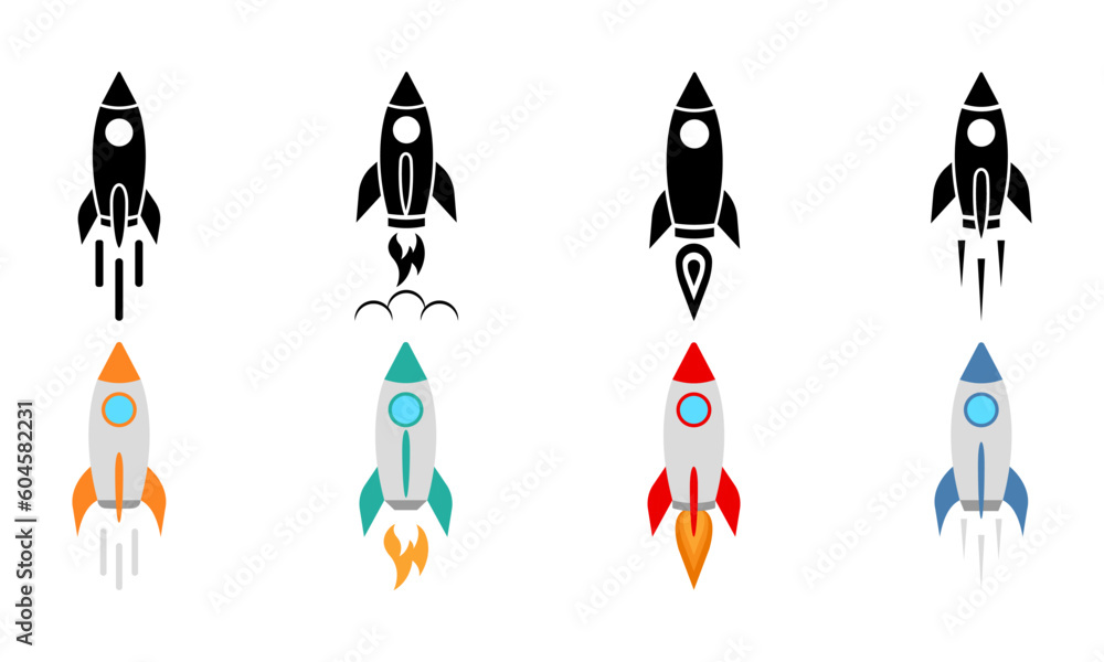 Wall mural set of rocket vector icons. launch spaceship or spacecraft. rocket fast flying for space. new busine