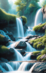 Deep forest waterfall. Ai generated technology