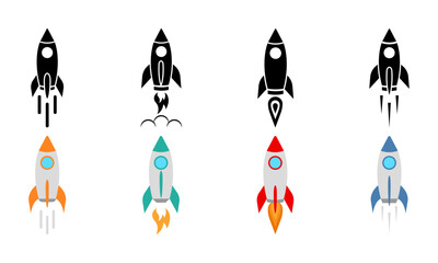 Set of rocket vector icons. Launch spaceship or spacecraft. Rocket fast flying for space. New business start up. 