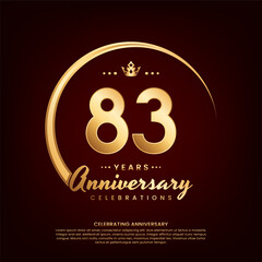 83 year anniversary template design with golden number and ring for birthday celebration event, invitation, banner poster, flyer, and greeting card, vector template