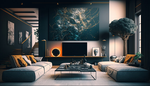 Modern Interior Design wall photo TV cabinet AI Generated pictures