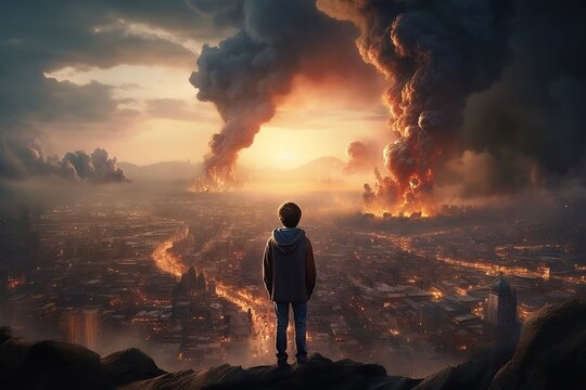 The child stands against the backdrop of a burning city. Post-apocalyptic concept. 