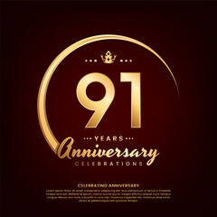 91 year anniversary template design with golden number and ring for birthday celebration event, invitation, banner poster, flyer, and greeting card, vector template