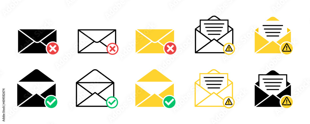Aufkleber set of envelope with check mark, cross and exclamation mark. mail symbol. open message on email. rec