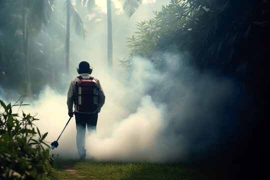 Rear view of a man fogging to eliminate mosquito Generative Ai