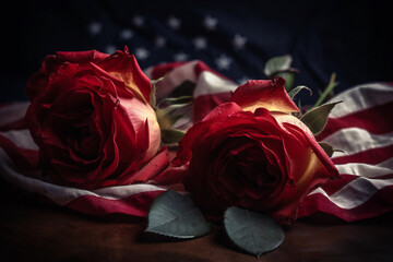 Concept of U.S. Independence day or Memorial day. National flag and roses over dark wooden table background. AI generated content