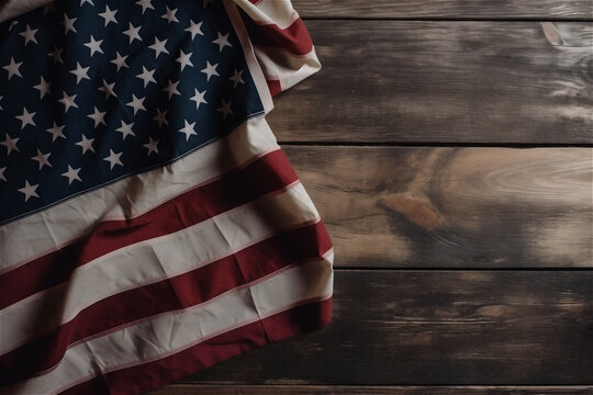 Flat lay of a USA american flag on a modern rustic brown wooden table top with copy space for 4th July independence day. AI generated content