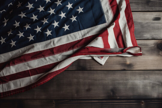 Flat lay of a USA american flag on a modern rustic brown wooden table top with copy space for 4th July independence day. AI generated content