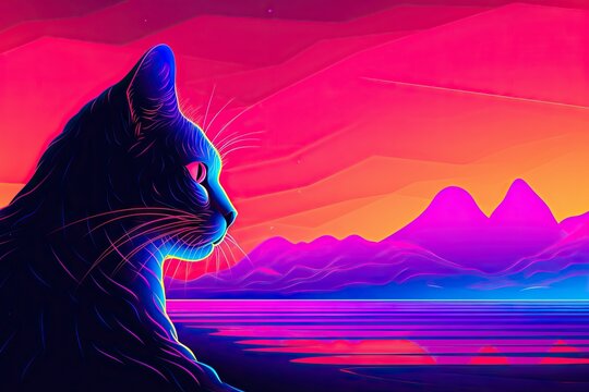 DJ party illustration of a cat admiring sunset in plains and mountains landcsape in new retro wave colors style