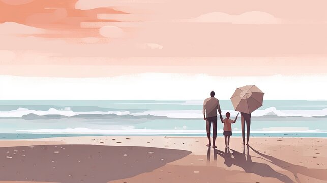 a family walking hand in hands on a desert beach warm touching illustration for family topics