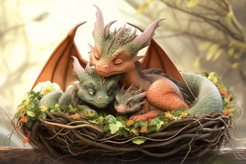 Tuinposter Dragon family is sleeping in a nest. Baby dragons and their parents in the forest. Super cute fantasy monster. Funny cartoon character. Fabulous scene. Legend and fairy tale. 3d illustration © Zakhariya