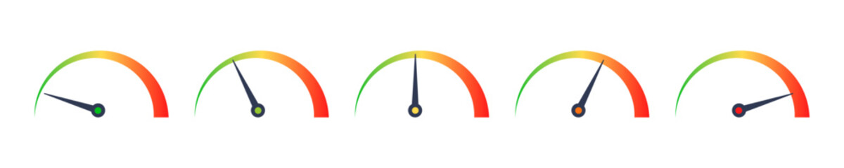 Set of gradient speedometer vector icons. Speed scale. Slow, medium, good and maximum indicator. Vector 10 Eps.