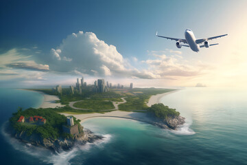 Fototapeta na wymiar Commercial airplane flying above scenic landscape in beautiful sunset light. Traveling concept design banner. AI generated