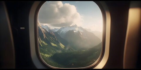 The window on the plane during the flight. Beautiful lanscape with mountains outside the window. AI generated
