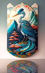 Chinese paint brush art plaque hanging on a wall with a heron in a mountainous landscape . Generative AI art poster illustration.