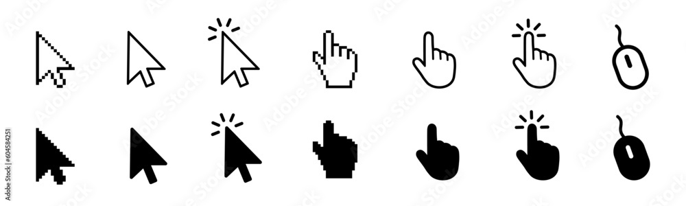 Aufkleber Set of flat cursor icons in hand, arrow and mouse forms. Mouse click cursor set. Arrow and hand pointer, loading, progress – stock vector