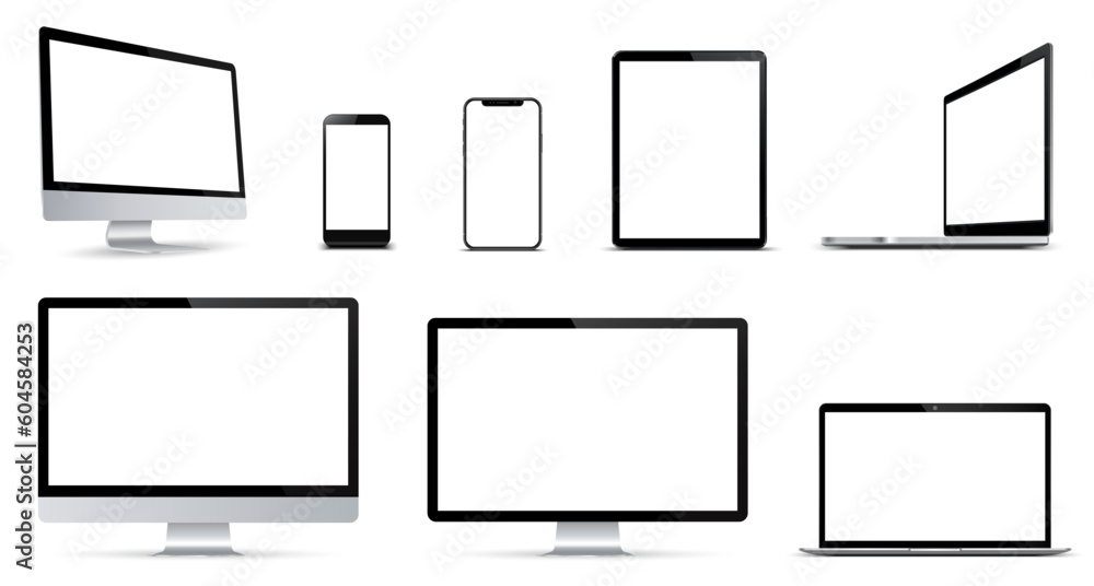 Poster Set of mockup technology devices with empty display computer, laptop, tablet and mobile phone, different model - vector