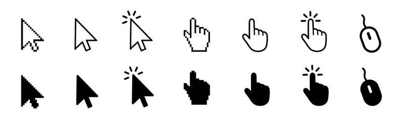 Set of flat cursor icons in hand, arrow and mouse forms. Mouse click cursor set. Arrow and hand pointer, loading, progress – stock vector