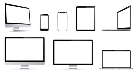 Set of mockup technology devices with empty display computer, laptop, tablet and mobile phone, different model - vector