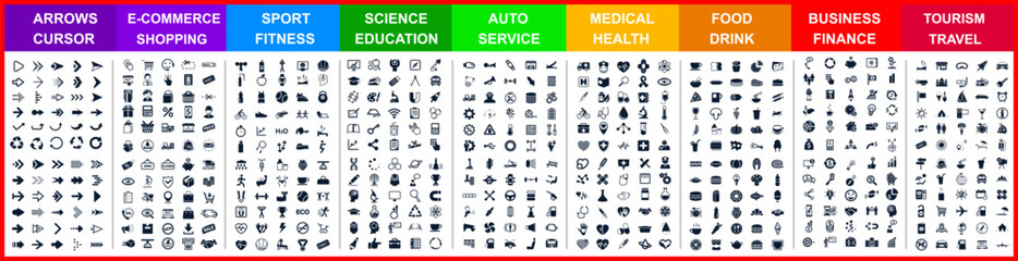 Big set icons by category: arrows, shopping, sport, science, auto, medical, food drink, business, travel and many more for any cases of life using