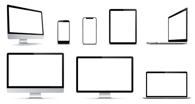 Set of mockup technology devices with empty display computer, laptop, tablet and mobile phone, different model - vector