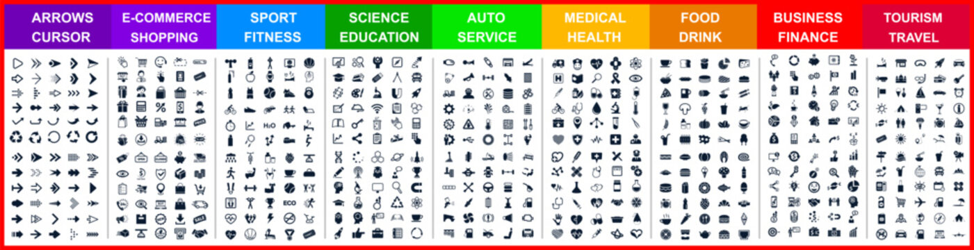 Big set icons by category: arrows, shopping, sport, science, auto, medical, food drink, business, travel and many more for any cases of life using