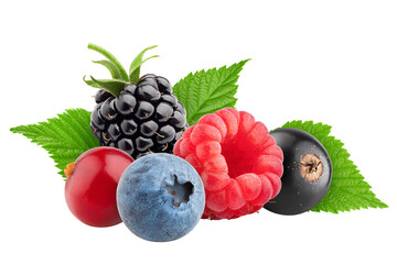 wild berries mix, raspberry, currant, blueberry, cranberry, blackberry, isolated on white...