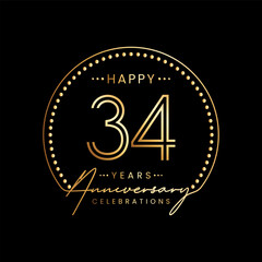 34 year anniversary logo with double line number and golden text for anniversary celebration event, invitation, banner poster, flyer, and greeting card, vector template