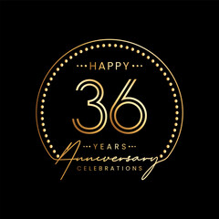 36 year anniversary logo with double line number and golden text for anniversary celebration event, invitation, banner poster, flyer, and greeting card, vector template