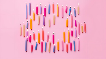 Frame made of colorful birthday candles on pink background