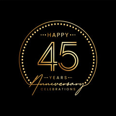 45 year anniversary logo with double line number and golden text for anniversary celebration event, invitation, banner poster, flyer, and greeting card, vector template - obrazy, fototapety, plakaty