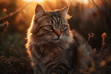 Beautiful cat in the rays of the setting sun. The cat is in the field.