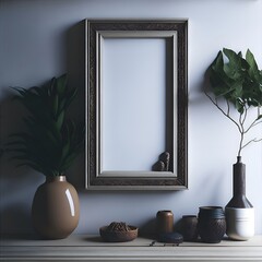 Mock up frame close up in home interior background, Boho style, 3d render. Generative ai