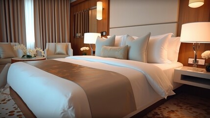 The hotel has a white pillow bed. (Generative AI) - obrazy, fototapety, plakaty