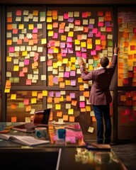 Business planning using sticky notes on wall. (Generative AI) - 604586664