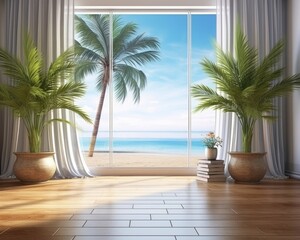 A wide ocean view from a calm, quiet beach with palm trees. (Generative AI)
