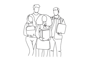 one line art friends group students education boys and girls university and college life education hand drawn illustration vector