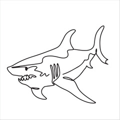 continuous line one line aquatic animal shark hand drawn illustration vector